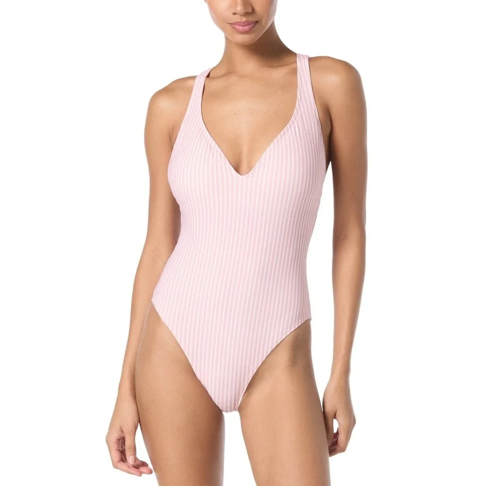 NWT Michael Kors One Piece Swimsuit Women Pink Striped Ring Detail Size 6 $122